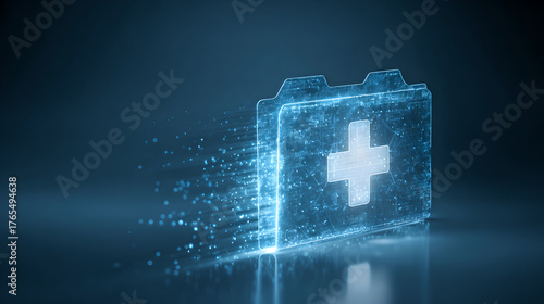 A digital medical file folder with a cross icon forms from particles. 