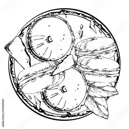 Stacked macarons with chocolate bar fragments, cocoa-dusted candy dragees, fresh mint on ceramic plate. Isolated hand drawn vector ink illustration. Food festival, recipe e-book visuals, dessert tag.