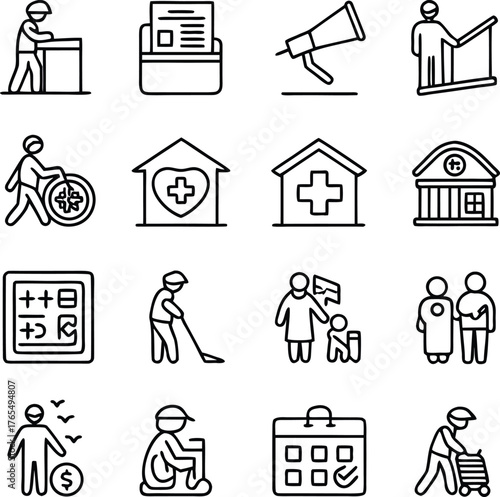 Social policy Web Icon Set in Line Style. Collection of Social services Linear Icons, Including, healthcare, family, education, protection, law, insurance, healthcare, reform and more. Editable Stroke