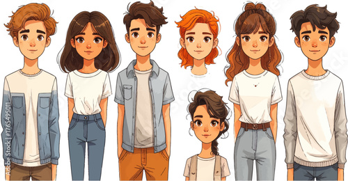 Charming animated couple with light clothing and relaxed vibes. Stylized teens in casual outfits and relaxed poses. Illustration of two young adults in trendy, simple clothing