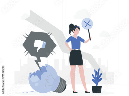 Woman holding a cross mark sign with a broken lightbulb and a downward graph failure mistake