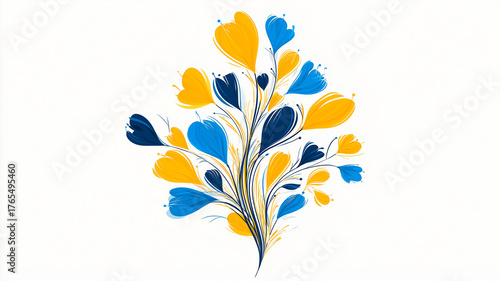 Stylized Abstract Floral Bouquet Vector Illustration in Vibrant Blue and Yellow Colors on White Background