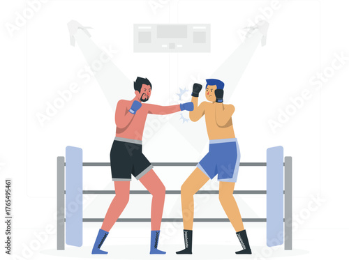 Two boxers fighting in a boxing ring under spotlights with a scoreboard in the background Keywords: boxing, fight, ring, boxers, athletes, sport, competition, match, combat, punch, gloves