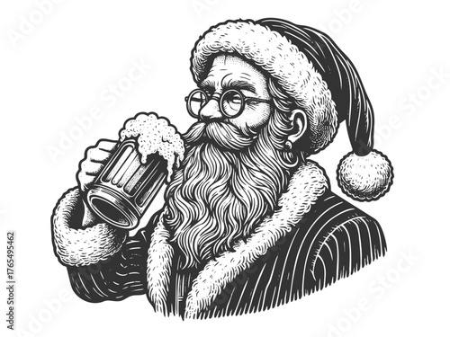 Santa Claus wearing sunglasses and a festive hat, drinking a frothy beer from a mug sketch engraving generative ai fictional character vector illustration. Scratch board imitation. Black and white.