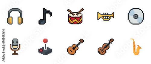 Pixel art music icons: headphones, note, drum, trumpet, cd, microphone, joystick, guitar, violin, saxophone