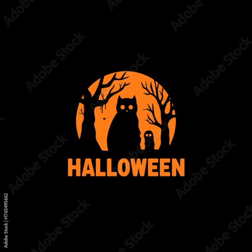 Minimalist Halloween Logo with Owl and Dead Tree Silhouettes Against an Orange Moon on Black Background
