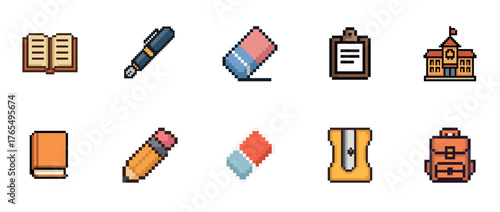 Pixel art school supplies: book, pen, eraser, clipboard, school building, pencil, sharpener