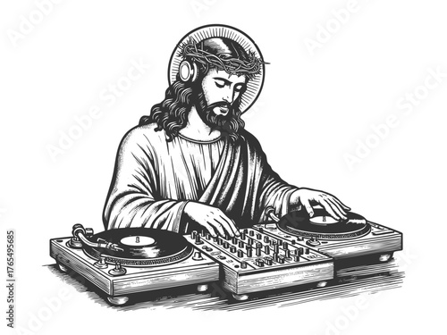 Jesus Christ with halo and headphones mixing vinyl on DJ turntables sketch engraving generative ai fictional character vector illustration. Scratch board imitation. Black and white image.