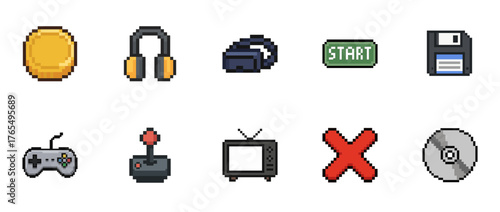 Collection of retro pixelated gaming icons and gadgets