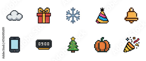 Festive pixel art icons: cloud, gift, snowflake, party hat, bell, phone, clock, christmas tree, pumpkin, confetti popper