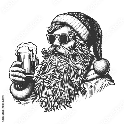 Santa Claus wearing sunglasses and a festive hat, drinking a frothy beer from a mug sketch engraving generative ai fictional character vector illustration. Scratch board imitation. Black and white.