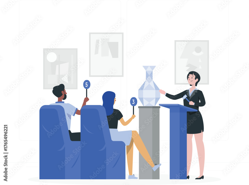Obraz premium Auctioneer Presenting a Vase to Bidders in an Art Gallery Setting Keywords: auction, art, gallery, bidding, sale, art sale, auctioneer, bidders, vase, artwork, investment, collector, art collector