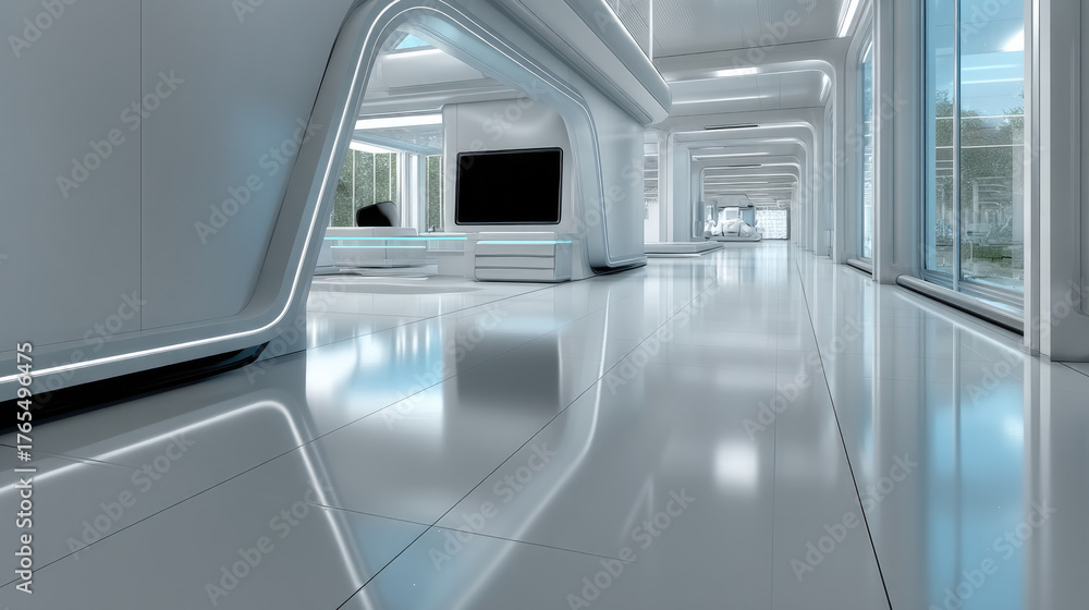 Obraz premium Futuristic laboratory interior with sleek white surfaces, large windows, modern lighting, and advanced technology, evoking innovation and calm