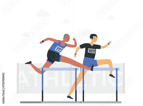 Two Athletes Competing in a Hurdle Race on a Track Keywords: sports, athletics, race, running, hurdles, competition, track and field, athletes, runners, speed, agility, determination, effort