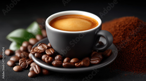 Espresso coffee cup with crema on top surrounded by roasted coffee beans and ground coffee on dark background