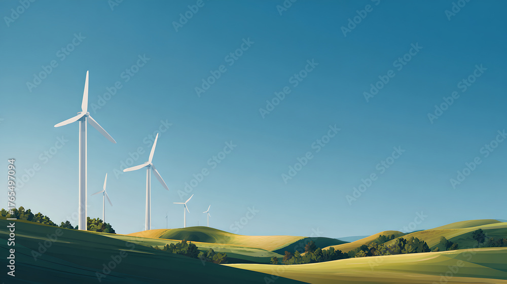 Obraz premium Wind turbines on rolling grassy hills creating clean renewable energy. 