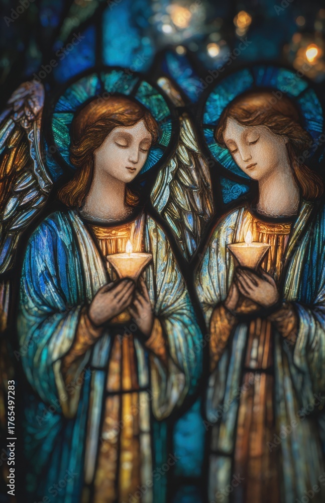 Fototapeta premium Stained glass angels holding lit candles in prayer