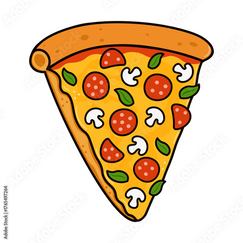 Pizza slice with pepperoni mushrooms basil cartoon