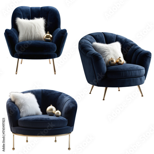 Set of elegant dark navy velvet armchairs with white faux fur pillow and champagne-colored accents, isolated on a transparent background, luxurious modern design