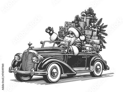 Santa Claus driving a convertible packed with Christmas presents, retro style with holiday cheer sketch engraving generative ai fictional character vector illustration. Scratch board. Black and white.