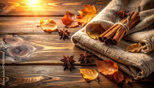Cozy Autumn Tabletop Branding Scene – Wooden Texture and Fabric