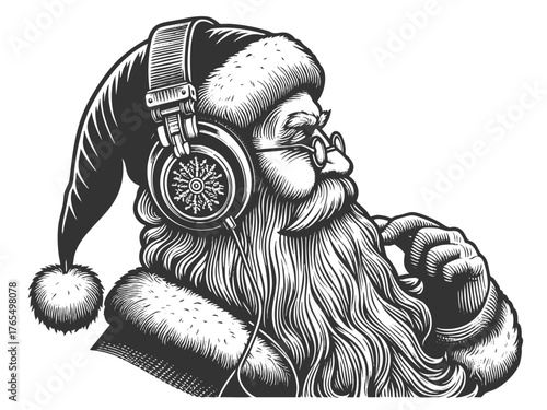 Santa Claus wearing modern headphones sketch engraving generative ai fictional character vector illustration. Scratch board imitation. Black and white image.
