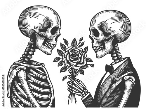 two skeletons facing each other, holding a bouquet of roses, symbolizing eternal love or gothic romance sketch engraving generative ai vector illustration. Scratch board imitation. Black and white.
