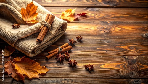 Cozy Autumn Tabletop Branding Scene – Wooden Texture and Fabric