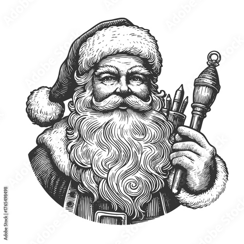 Santa Claus sketch engraving generative ai fictional character vector illustration. Scratch board imitation. Black and white image.