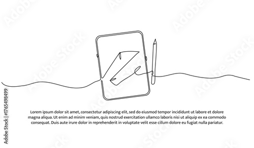 One line of tablets and pens. Abstract minimal continuous line isolated on white background.