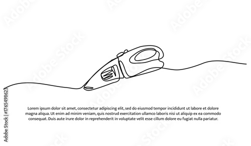 One line of car vacuum cleaner. Abstract minimal continuous line isolated on white background.