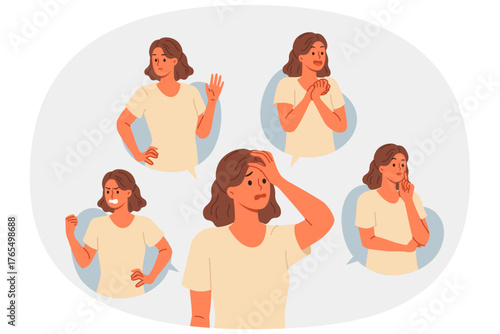 Woman with negative emotions shows different grimaces symbolizing resentment and disgust or hatred. Surprised and thoughtful lady feels negative, due to bad combination of life circumstances