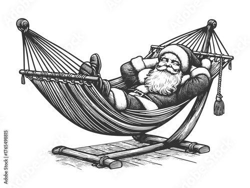 Santa Claus peacefully napping in a hammock, representing post-holiday rest and relaxation sketch engraving generative ai fictional character vector illustration. Scratch board. Black and white image.