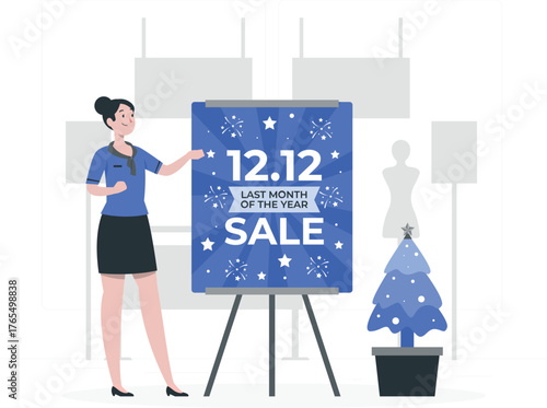 Woman points to a 12.12 sale sign with a Christmas tree and mannequin in the background shopping promotion
