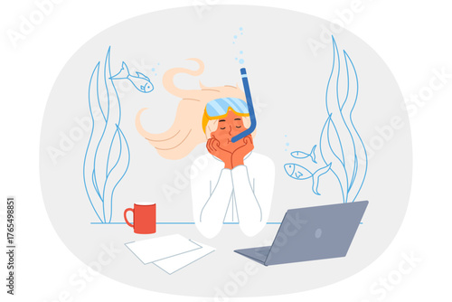 Business woman dreams of diving and opportunity to swim underwater among fish, sitting at desk with computer. Girl office clerk fantasizes about going on summer vacation to ocean coast for diving