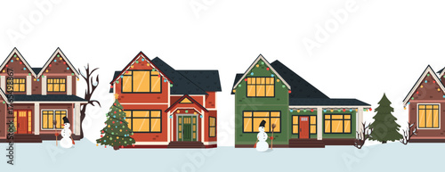 Seamless border for Christmas with decorated cottages. Horizontal vector illustration for winter holidays.