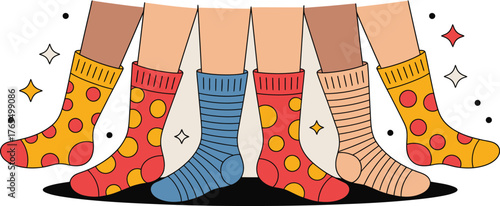 Colorful Cartoon Legs Wearing Striped and Polka Dot Socks with Stars and Dots