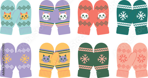 Colorful Cartoon Mittens with Cats and Snowflakes Winter Handwear Collection, Whimsical Design