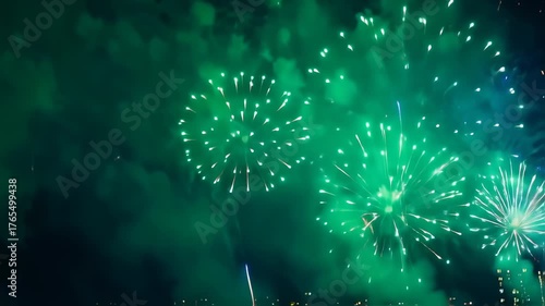 A night sky filled with vibrant fireworks exploding with bursts of color against a dark backdrop