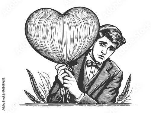 shy young man nervously holding a heart-shaped balloon sketch engraving generative ai fictional character vector illustration. Scratch board imitation. Black and white image.