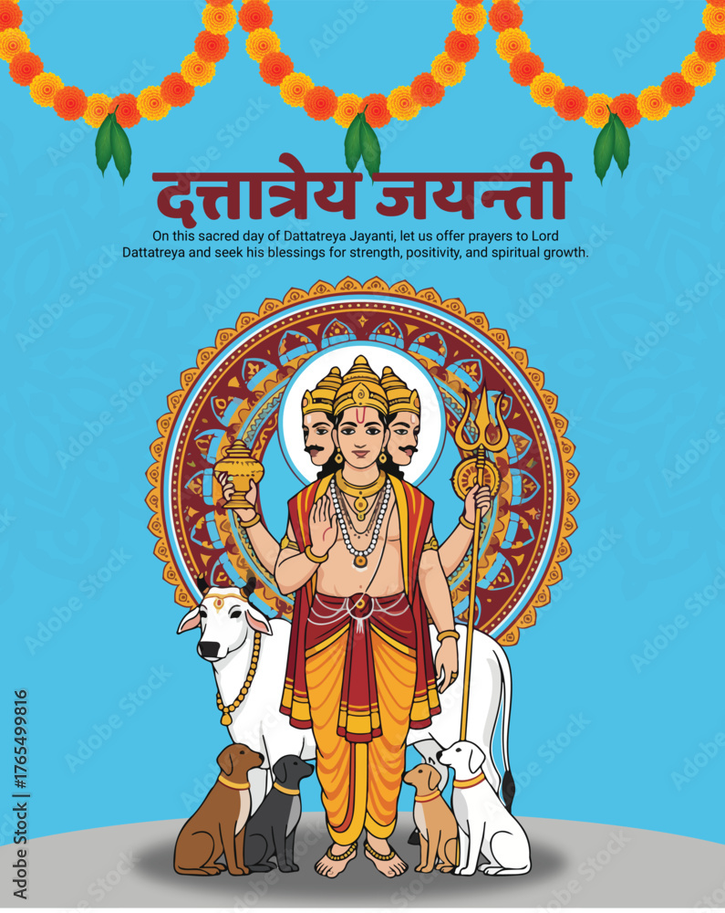 Obraz premium Lord Dattatreya Jayanti Illustration – Divine Trimurti Vector Art, Hindu Spiritual Festival Celebration