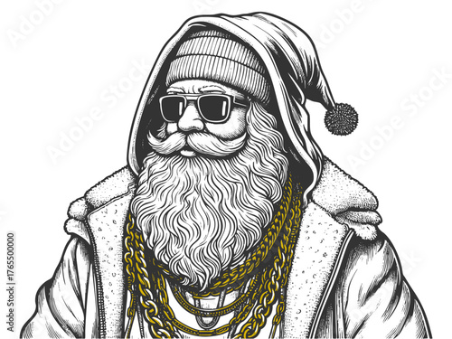 Santa Claus wearing sunglasses and a gold chain sketch engraving generative ai fictional character vector illustration. Scratch board imitation. Black and white image.
