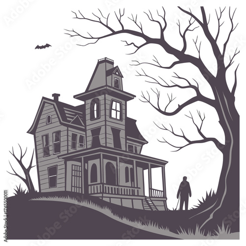 spooky haunted house, gloomy moody atmosphere, eerie bare trees, grungy dark moody style, dramatic lighting, detailed illustration, digital art
