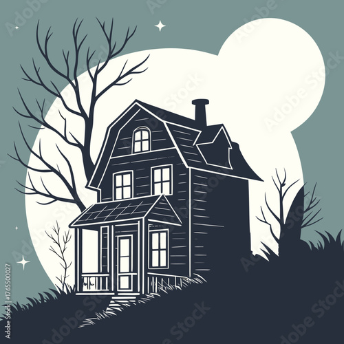 abandoned victorian house, dark night sky, full moon, bare trees, gloomy atmosphere, gothic horror style, cinematic lighting, detailed architecture, rich textures, digital art
