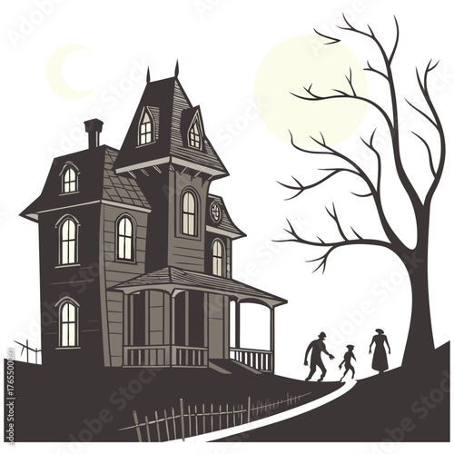dark gothic haunted house, spooky tree, full moon, eerie atmosphere, detailed architectural elements, high contrast black and white illustration, woodcut style, cinematic lighting, dramatic compositio