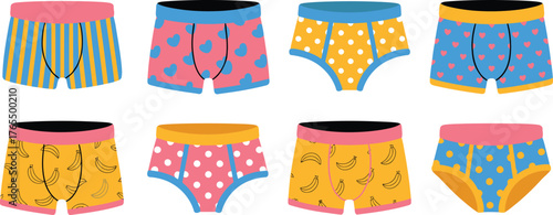 Colorful Cartoon Underwear Collection Illustrated Boxers with Stripes, Hearts, Polka Dots and Bananas Design