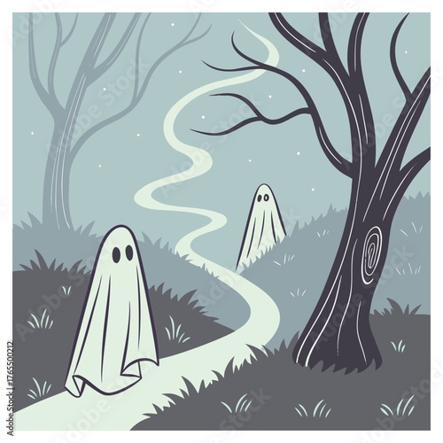 haunting, eerie, dark forest, ghostly figure, ominous atmosphere, moody lighting, silhouettes, surreal landscape, stark black and white, digital illustration
