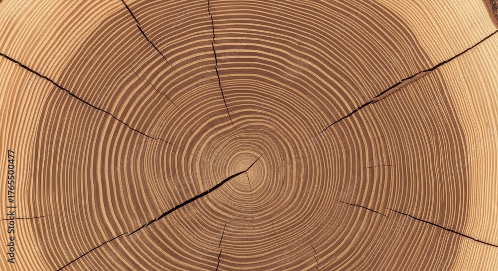 Fototapeta premium A detailed view of a trees crosssection showcasing concentric growth rings and radial cracks extending outwards