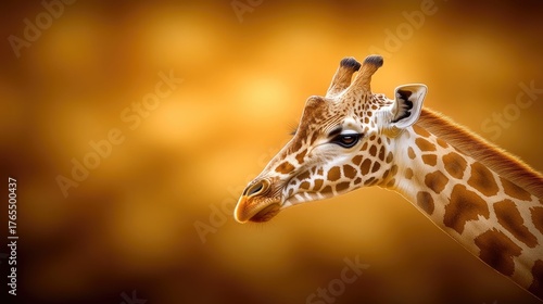 Gentle giraffe gazing serenely in golden light against a vibrant backdrop, showcasing nature's beauty from a unique low angle perspective