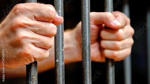 Hands gripping prison bars during a moment of reflection in a correctional facility at dusk